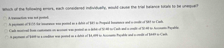 Which of the following errors, each considered individually, would cause the trial balance totals to be unequal?
A transaction was not posted.
A payment of $135 for insurance was posted as a debit of $85 to Prepaid Insurance and a credit of $85 to Cash.
Cash received from customers on account was posted as a debit of $140 to Cash and a credit of $140 to Accounts Payable.
A payment of $449 to a creditor was posted as a debit of $4,499 to Accounts Payable and a credit of $449 to Cash.