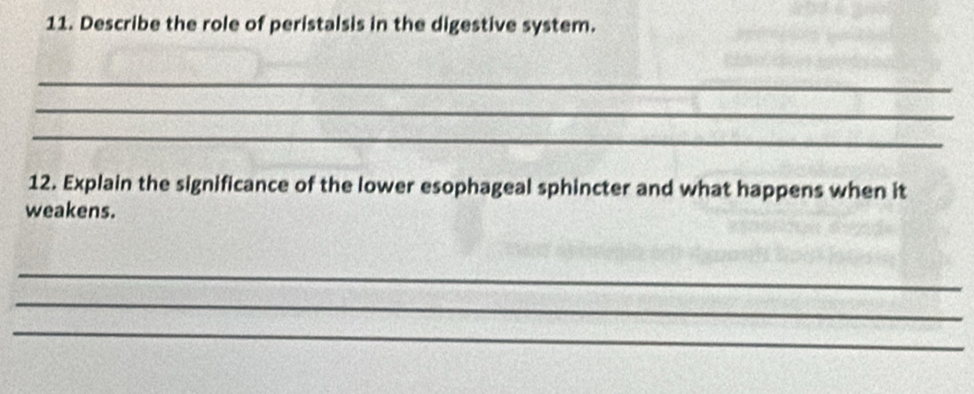 Describe the role of peristalsis in the digestive system. 
_ 
_ 
_ 
12. Explain the significance of the lower esophageal sphincter and what happens when it 
weakens. 
_ 
_ 
_