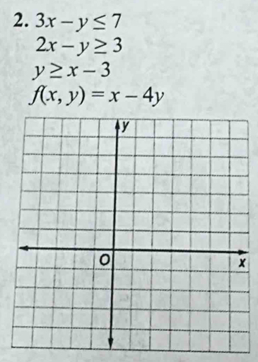 3x-y≤ 7
2x-y≥ 3
y≥ x-3
f(x,y)=x-4y