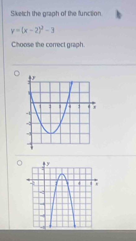 Sketch the graph of the function.
y=(x-2)^2-3
Choose the correct graph.