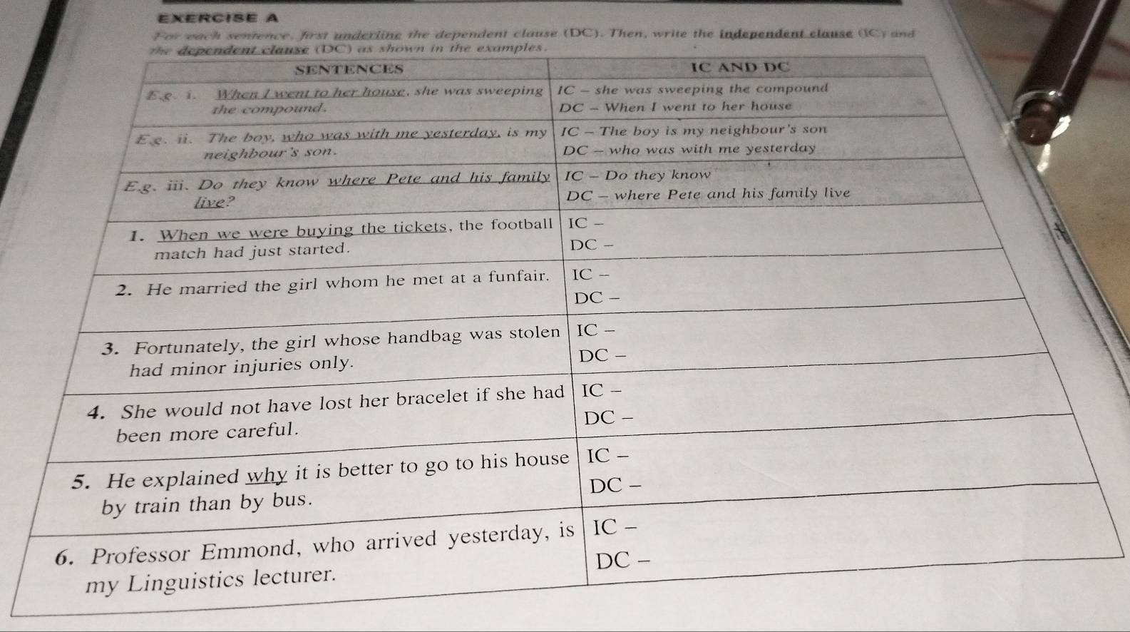 For each sentence, first underling the dependent clause (DC). Then, write the independent clause (IC) and