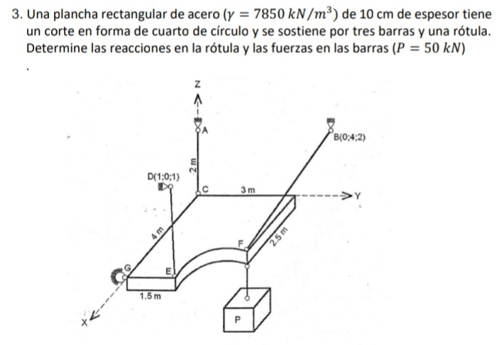 Una plancha rectangular de acero (gamma =7850kN/m^3) de 10 cm de espesor tiene
un corte en forma de cuarto de círculo y se sostiene por tres barras y una rótula.
Determine las reacciones en la rótula y las fuerzas en las barras (P=50kN)