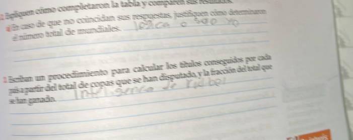 a Egliquen cómo completaron la tabla y comparen sus n 
En caso de que no coincidan sus respuestas, justifiquen cómo determinarom 
_ 
el número total de mundiales. 
_ 
1 Esribun um procedimiento para calcular los títulos conseguidos por cada 
_ 
paísa partir del total de copas que se han disputado, y la fracción del total que 
_ 
s lan ganado.