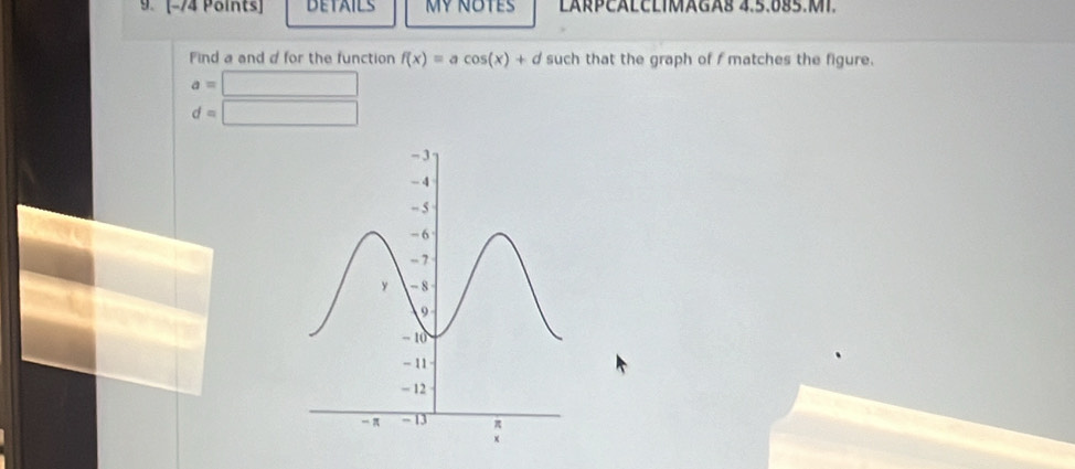 9.[-74 Points] DETAILS MY NOTES LARPČÁLČLIMAGA8 4.5.085.MI. 
Find a and d for the function f(x)=acos (x)+d such that the graph of f matches the figure.
a=□
d=□