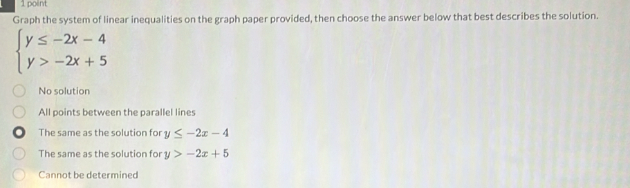 Graph the system of linear inequalities on the graph paper provided, then choose the answer below that best describes the solution.
beginarrayl y≤ -2x-4 y>-2x+5endarray.
No solution
All points between the parallel lines
The same as the solution for y≤ -2x-4
The same as the solution for y>-2x+5
Cannot be determined