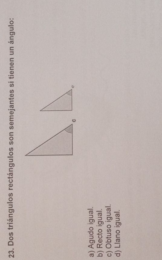 Dos triángulos rectángulos son semejantes si tienen un ángulo:
a) Agudo igual.
b) Recto igual.
c) Obtuso igual.
d) Llano igual.