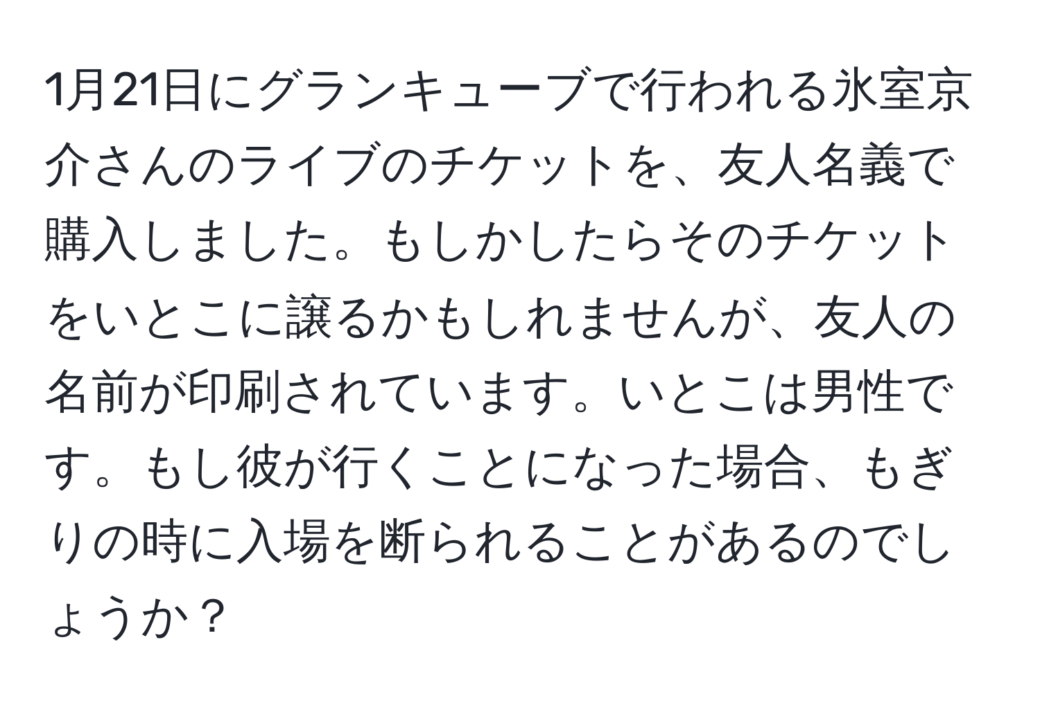 1月21日にグランキューブで行われる氷室京介さんのライブのチケットを、友人名義で購入しました。もしかしたらそのチケットをいとこに譲るかもしれませんが、友人の名前が印刷されています。いとこは男性です。もし彼が行くことになった場合、もぎりの時に入場を断られることがあるのでしょうか？