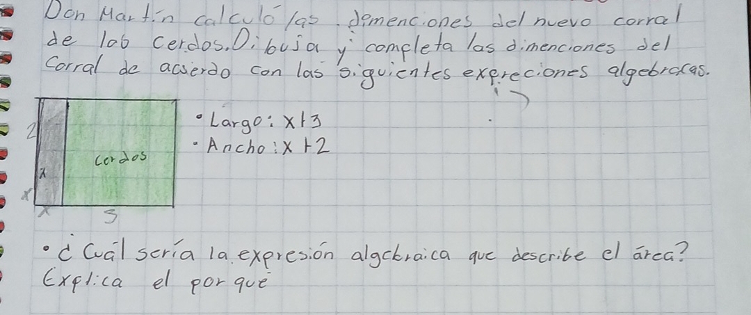 Don Mar tin calculo las demenciones delnuevo corral 
de lo6 cerclos. Oibusa y completa las dimenciones del 
Corral de acserdo con las siquientes expreciones algebracas 
2 
Largo: x+3
Ancho: 
cordos x+2

3 
cGal scria la expresion algchraica que describe el area? 
Explica el porque