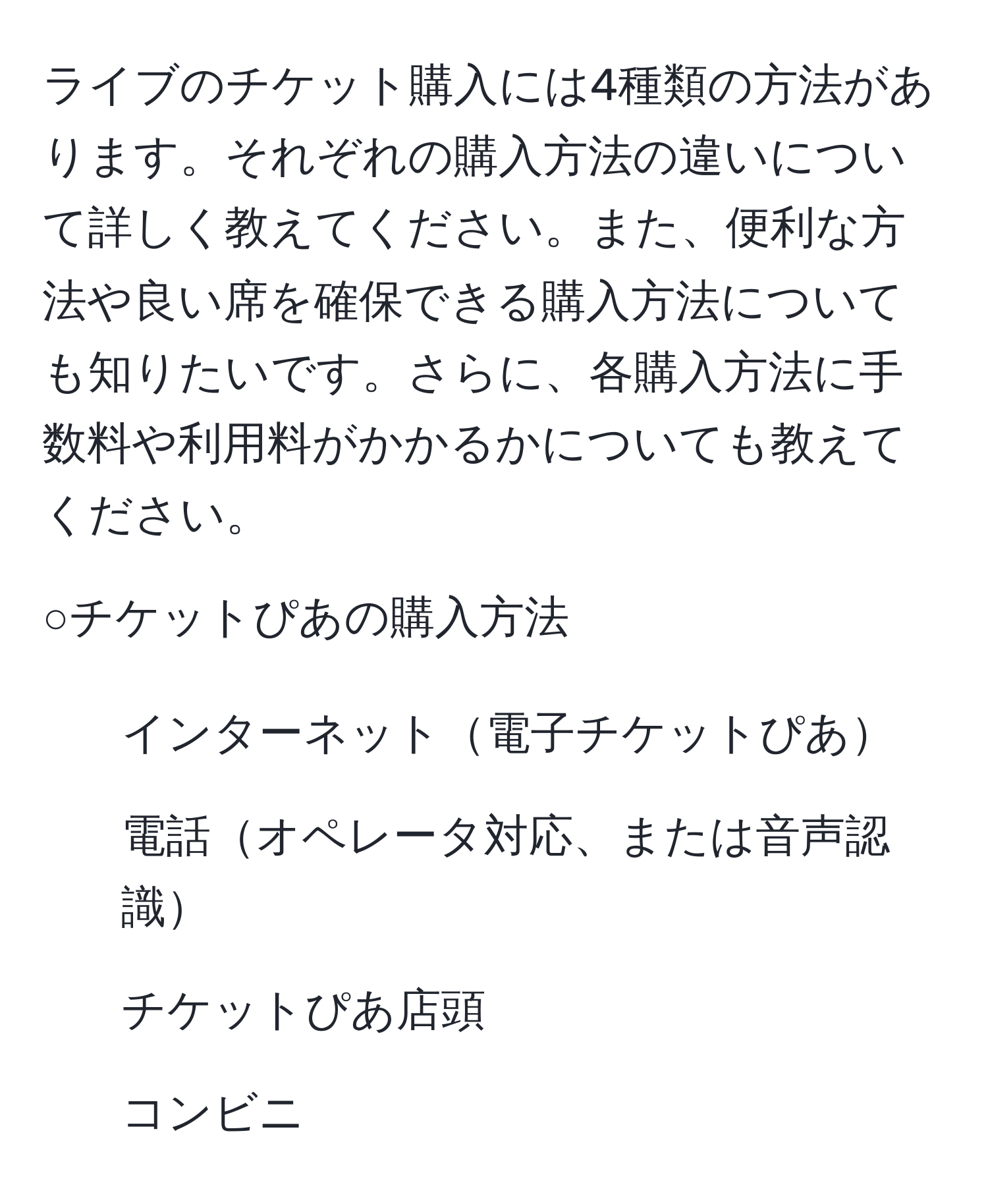 ライブのチケット購入には4種類の方法があります。それぞれの購入方法の違いについて詳しく教えてください。また、便利な方法や良い席を確保できる購入方法についても知りたいです。さらに、各購入方法に手数料や利用料がかかるかについても教えてください。

○チケットぴあの購入方法
1. インターネット電子チケットぴあ
2. 電話オペレータ対応、または音声認識
3. チケットぴあ店頭
4. コンビニ