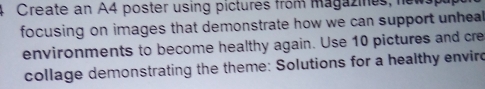 Create an A4 poster using pictures from magazines, hew 
focusing on images that demonstrate how we can support unheal 
environments to become healthy again. Use 10 pictures and cre 
collage demonstrating the theme: Solutions for a healthy envird