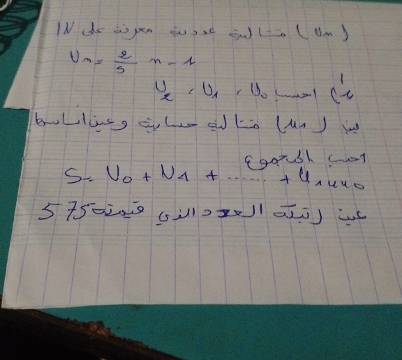 INdo as peo u bad n ( (Um)
U_n= 2/5 n-1
U_2 , U_0 beginarrayr 1 -1(-6
bLlig ole a ko (un) w 
s goosl ct 
S U_0+u_4+......++U_u uc 
575=.(2)ā)