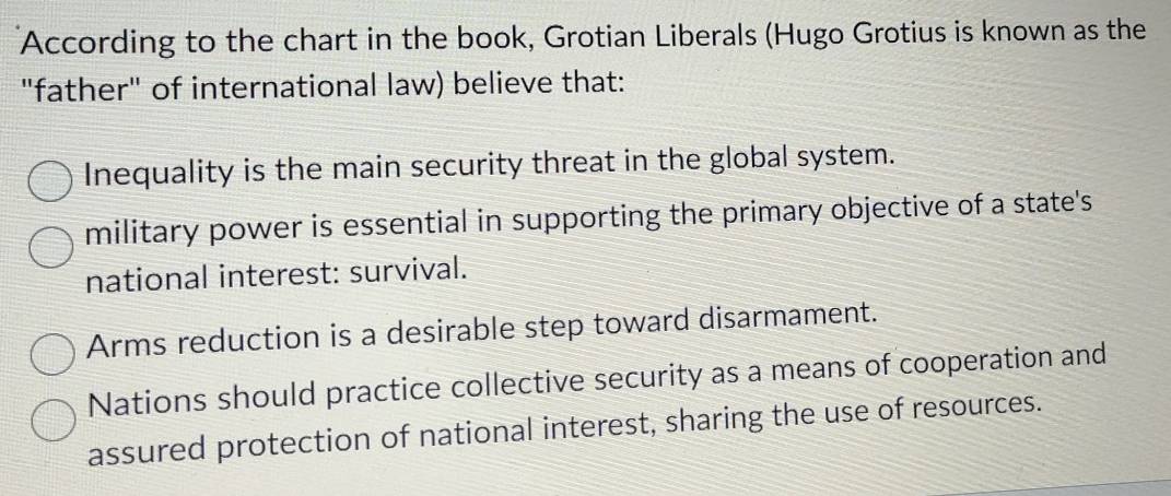 According to the chart in the book, Grotian Liberals (Hugo Grotius is known as the
"father" of international law) believe that:
Inequality is the main security threat in the global system.
military power is essential in supporting the primary objective of a state's
national interest: survival.
Arms reduction is a desirable step toward disarmament.
Nations should practice collective security as a means of cooperation and
assured protection of national interest, sharing the use of resources.