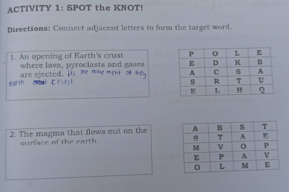 ACTIVITY 1: SPOT the KNOT! 
Directions: Connect adjacent letters to form the target word. 
1. An opening of Earth’s crust 
where lava, pyroclasts and gases 
are ejected. j 
2. The magma that flows out on the 
surface of the earth.