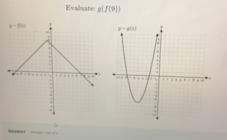 Evaluate: g(f(9))

Answer Atangt c ost of s