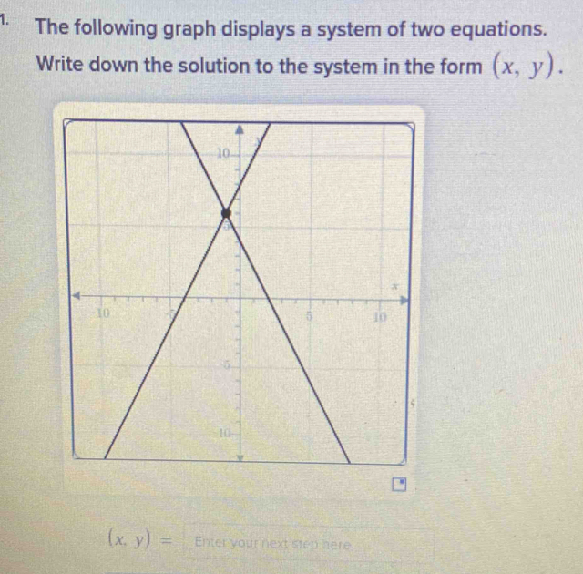 The following graph displays a system of two equations.
Write down the solution to the system in the form (x,y).
(x,y)= Enter your next step here