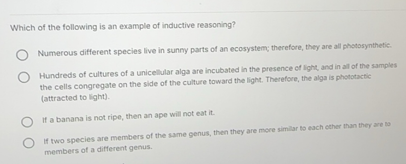 Solved: Which of the following is an example of inductive reasoning ...
