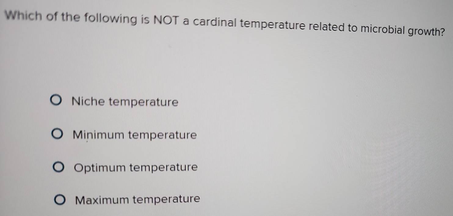 Which of the following is NOT a cardinal temperature related to microbial growth?
Niche temperature
Minimum temperature
Optimum temperature
Maximum temperature