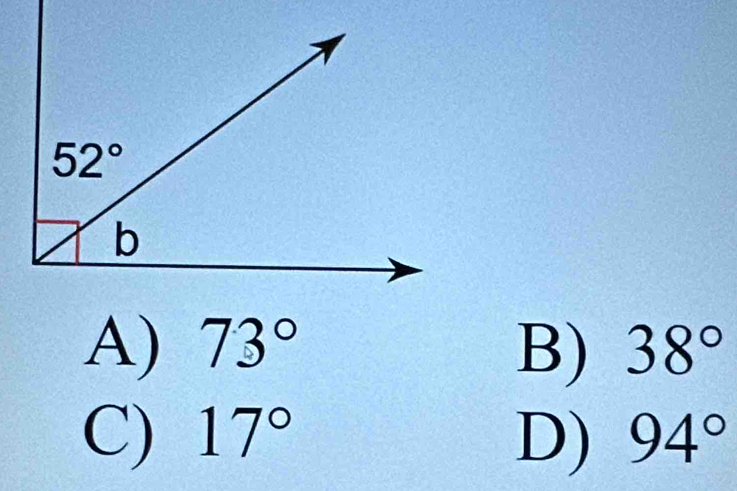 A) 73° B) 38°
C) 17° D) 94°