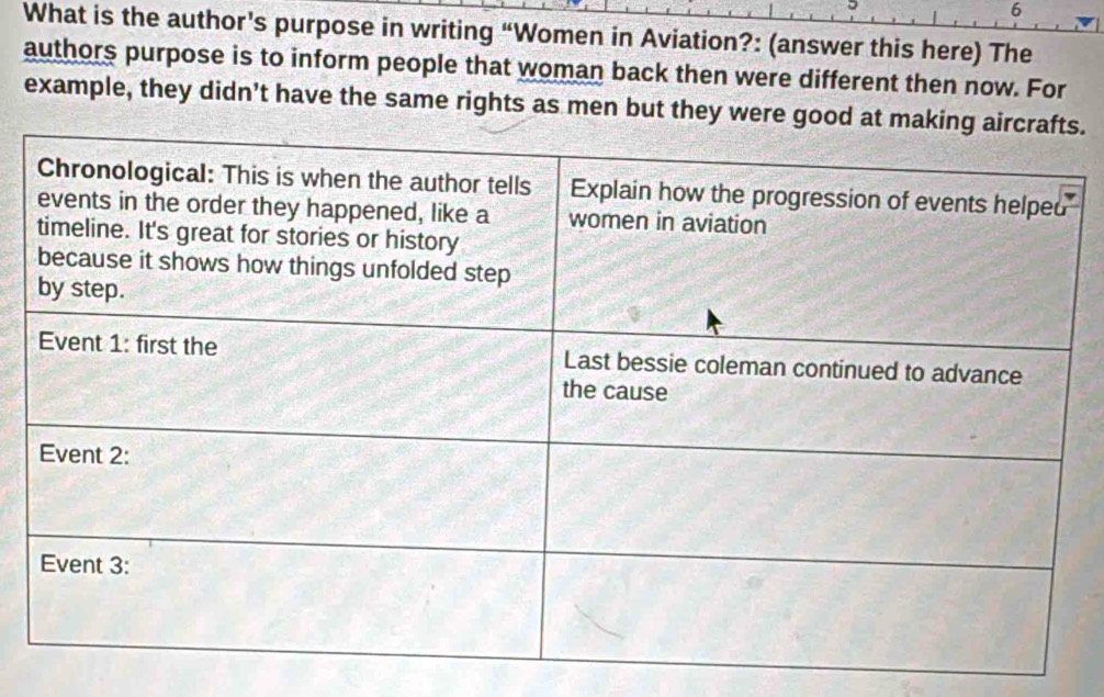 What is the author's purpose in writing “Women in Aviation?: (answer this here) The 
authors purpose is to inform people that woman back then were different then now. For 
example, they didn’t have the same rights as men but they were good as.