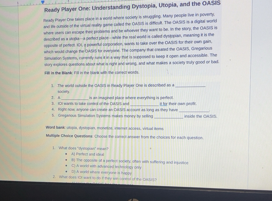Solved: Ready Player One: Understanding Dystopia, Utopia, and the OASIS ...