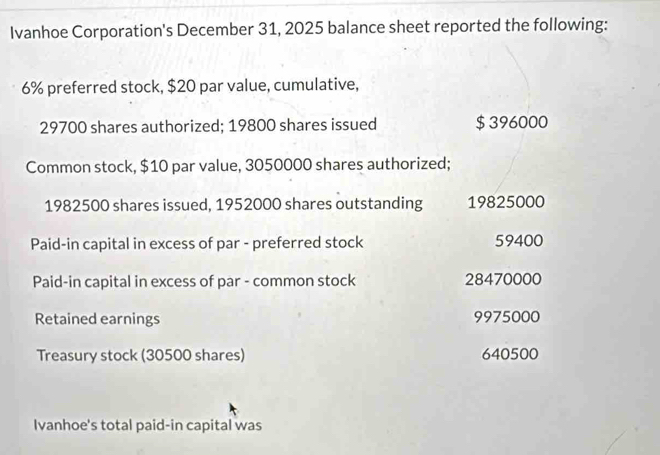 Ivanhoe Corporation's December 31, 2025 balance sheet reported the following:
6% preferred stock, $20 par value, cumulative,
29700 shares authorized; 19800 shares issued $ 396000
Common stock, $10 par value, 3050000 shares authorized;
1982500 shares issued, 1952000 shares outstanding 19825000
Paid-in capital in excess of par - preferred stock 59400
Paid-in capital in excess of par - common stock 28470000
Retained earnings 9975000
Treasury stock (30500 shares) 640500
Ivanhoe's total paid-in capital was