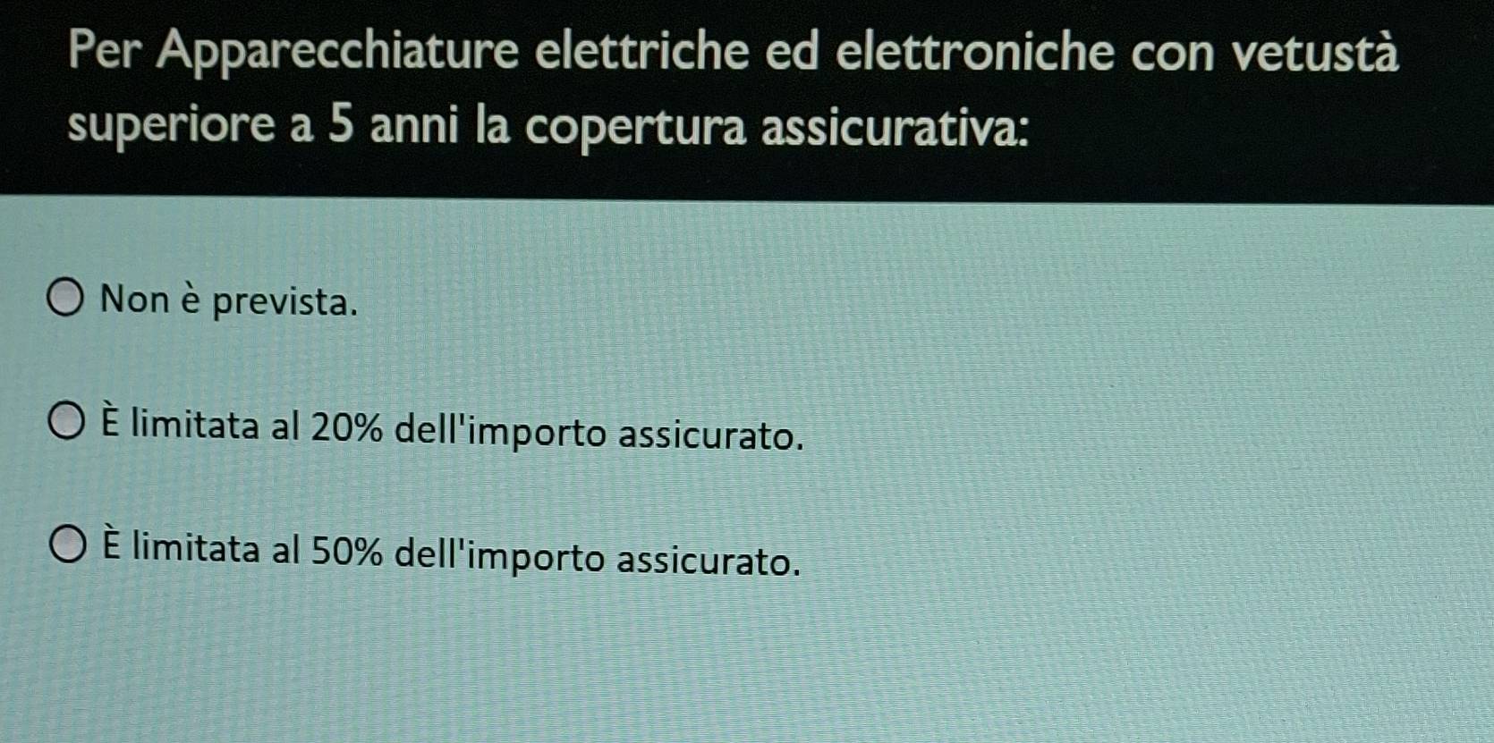 Per Apparecchiature elettriche ed elettroniche con vetustà
superiore a 5 anni la copertura assicurativa:
Non è prevista.
É limitata al 20% dell'importo assicurato.
É limitata al 50% dell'importo assicurato.