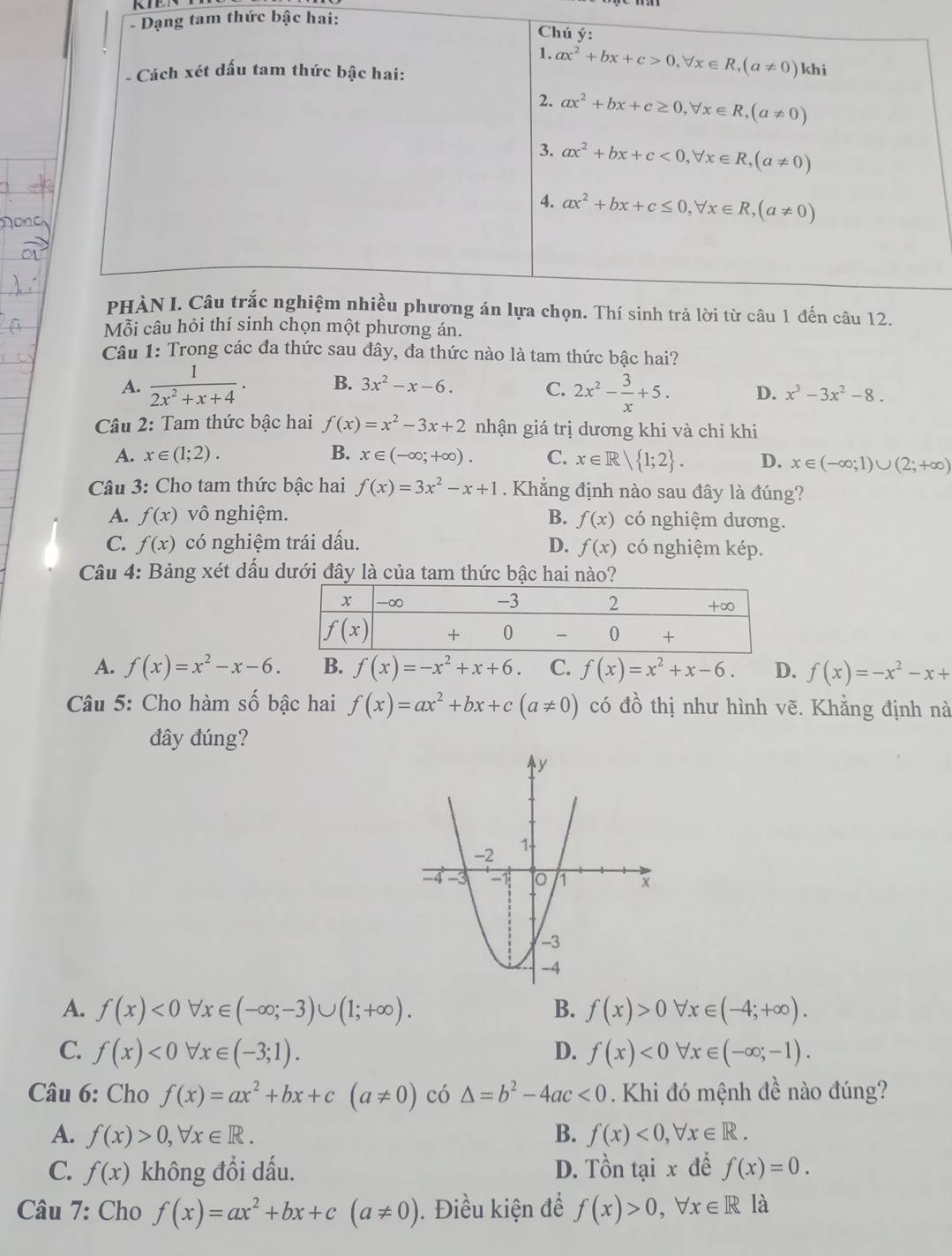 Mỗi câu hỏi thí sinh chọn một phương án.
Câu 1: Trong các đa thức sau đây, đa thức nào là tam thức bậc hai?
A.  1/2x^2+x+4 · B. 3x^2-x-6. C. 2x^2- 3/x +5. D. x^3-3x^2-8.
Câu 2: Tam thức bậc hai f(x)=x^2-3x+2 nhận giá trị dương khi và chỉ khi
A. x∈ (1;2). B. x∈ (-∈fty ;+∈fty ). C. x∈ R| 1;2 . D. x∈ (-∈fty ;1)∪ (2;+∈fty )
Câu 3: Cho tam thức bậc hai f(x)=3x^2-x+1. Khẳng định nào sau đây là đúng?
A. f(x) vô nghiệm. B. f(x) có nghiệm dương.
C. f(x) có nghiệm trái dấu. D. f(x) có nghiệm kép.
Câu 4: Bảng xét dấu dưới đây là của tam thức bậc hai nào?
A. f(x)=x^2-x-6. B. f(x)=-x^2+x+6 C. f(x)=x^2+x-6. D. f(x)=-x^2-x+
Câu 5: Cho hàm số bậc hai f(x)=ax^2+bx+c(a!= 0) có đồ thị như hình vẽ. Khẳng định nà
đây đúng?
A. f(x)<0forall x∈ (-∈fty ;-3)∪ (1;+∈fty ). B. f(x)>0forall x∈ (-4;+∈fty ).
C. f(x)<0forall x∈ (-3;1). D. f(x)<0</tex> forall x∈ (-∈fty ;-1).
Câu 6: Cho f(x)=ax^2+bx+c(a!= 0) có △ =b^2-4ac<0</tex> . Khi đó mệnh đề nào đúng?
A. f(x)>0,forall x∈ R. B. f(x)<0,forall x∈ R.
C. f(x) không đổi dấu. D. Tồn tại x để f(x)=0.
Câu 7: Cho f(x)=ax^2+bx+c(a!= 0). Điều kiện để f(x)>0,forall x∈ R là