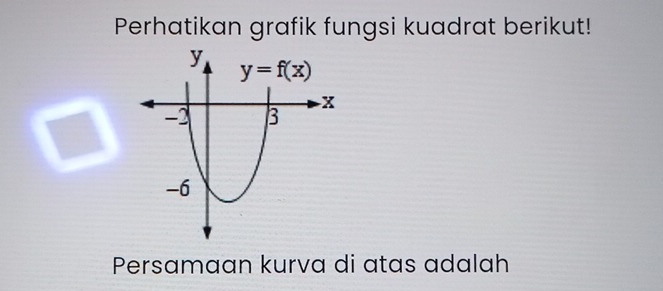 Perhatikan grafik fungsi kuadrat berikut!
Persamaan kurva di atas adalah