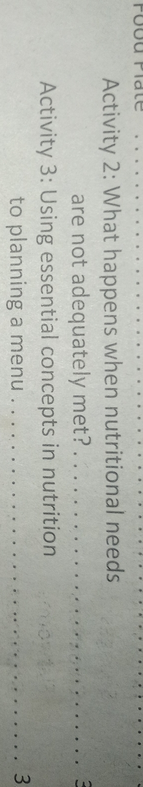 Activity 2: What happens when nutritional needs 
are not adequately met? _. 
Activity 3: Using essential concepts in nutrition 
to planning a menu_ 
3