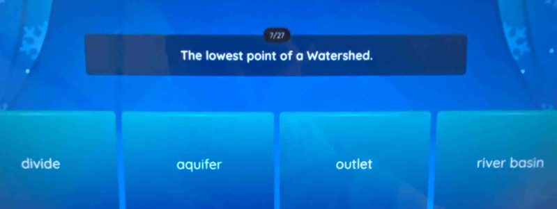 7/27
The lowest point of a Watershed.
divide aquifer outlet river basin