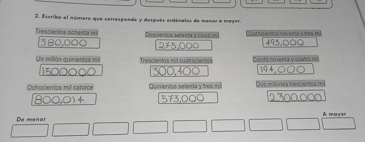 Escribe el número que corresponde y después ordénalos de menor a mayor.
Trescientos ochenta mil Doscientos setenta y cinco mil Cuatrocientos noventa y tres mil
Un millón quinientos mil Trescientos mil cuatrocientos Ciento noventa y cuatro mil
Ochocientos mil catorce Quinientos setenta y tres mil Dos millones trescientos mil
A mayor
De menor