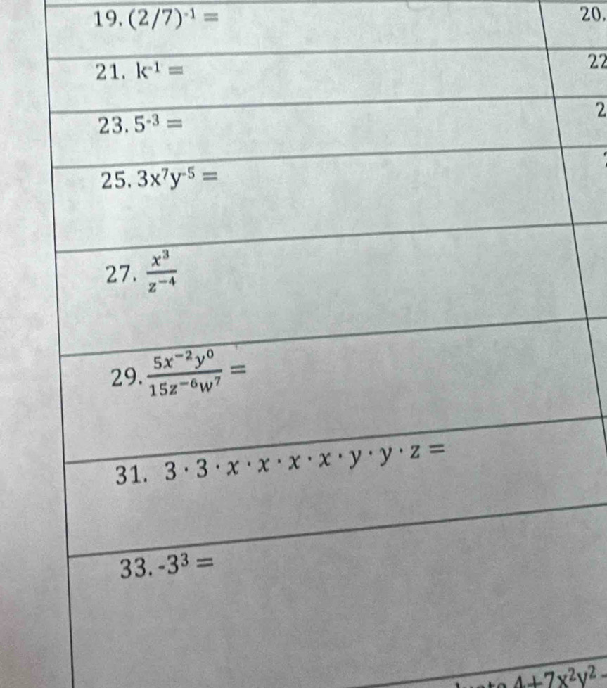 (2/7)^-1= 20.
22
2
+24+7x^2y^2-