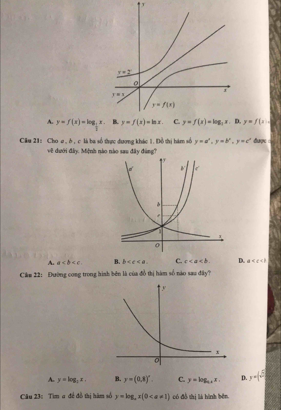 A. y=f(x)=log _ 1/2 x. . y=f(x)=
Câu 21: Cho a , b , c là ba số thực dương khác 1. Đồ thị hàm số y=a^x,y=b^x,y=c^x được c
vẽ dưới đây. Mệnh nào nào sau đây đúng?
A. a B. b C. c D. a
Câu 22: Đường cong trong hình bên là của đồ thị hàm số nào sau đây?
A. y=log _2x. B. y=(0,8)^x. C. y=log _0.4x. D. y=(sqrt(2))
Câu 23: Tìm a đề đồ thị hàm số y=log _ax(0 có đồ thị là hình bên.