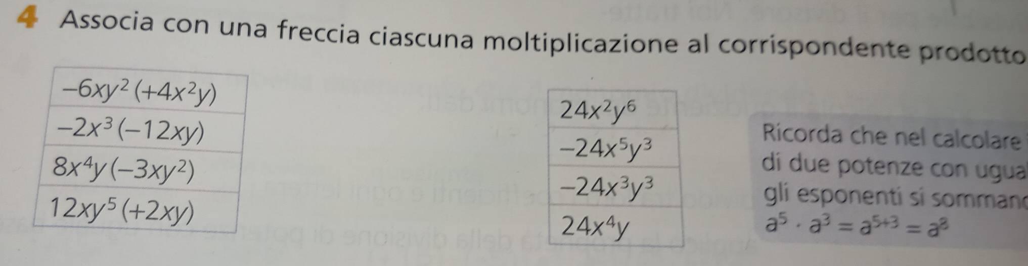 Associa con una freccia ciascuna moltiplicazione al corrispondente prodotto
Ricorda che nel calcolare
dí due potenze con ugua
gli esponentí sí somman
a^5· a^3=a^(5+3)=a^8