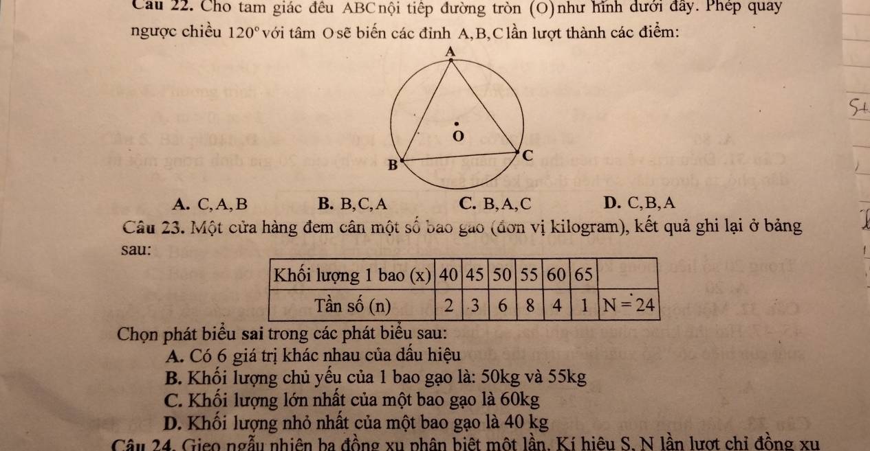 Cầu 22. Cho tam giác đều ABCnội tiếp đường tròn (O)như hình dưới đây. Phép quay
ngược chiều 120° với tâm O sẽ biến các đỉnh A,B,Clần lượt thành các điểm:
A. C, A, B B. B,C, A C. B,A,C D. C,B,A
Câu 23. Một cửa hàng đem cân một số bao gao (đơn vị kilogram), kết quả ghi lại ở bảng
sau:
Chọn phát biểu sai trong các phát biểu sau:
A. Có 6 giá trị khác nhau của đầu hiệu
B. Khối lượng chủ yếu của 1 bao gạo là: 50kg và 55kg
C. Khối lượng lớn nhất của một bao gạo là 60kg
D. Khối lượng nhỏ nhất của một bao gạo là 40 kg
Câu 24. Gieo ngẫu nhiên ba đồng xu phân biệt một lần. Kí hiêu S. N lần lượt chỉ đồng xu