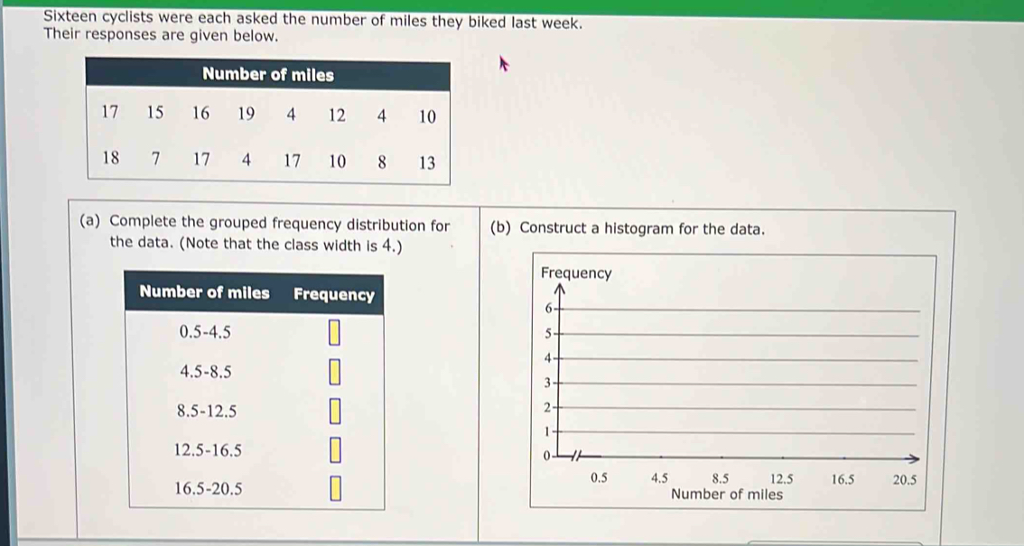 Sixteen cyclists were each asked the number of miles they biked last week. 
Their responses are given below. 
(a) Complete the grouped frequency distribution for (b) Construct a histogram for the data. 
the data. (Note that the class width is 4.) 
Number of miles Frequency
0.5 -4.5
4.5 -8.5
8.5 -12.5
12.5 -16.5
16.5 -20.5