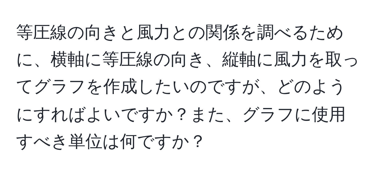 等圧線の向きと風力との関係を調べるために、横軸に等圧線の向き、縦軸に風力を取ってグラフを作成したいのですが、どのようにすればよいですか？また、グラフに使用すべき単位は何ですか？