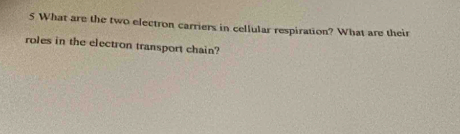 What are the two electron carriers in cellular respiration? What are their 
roles in the electron transport chain?