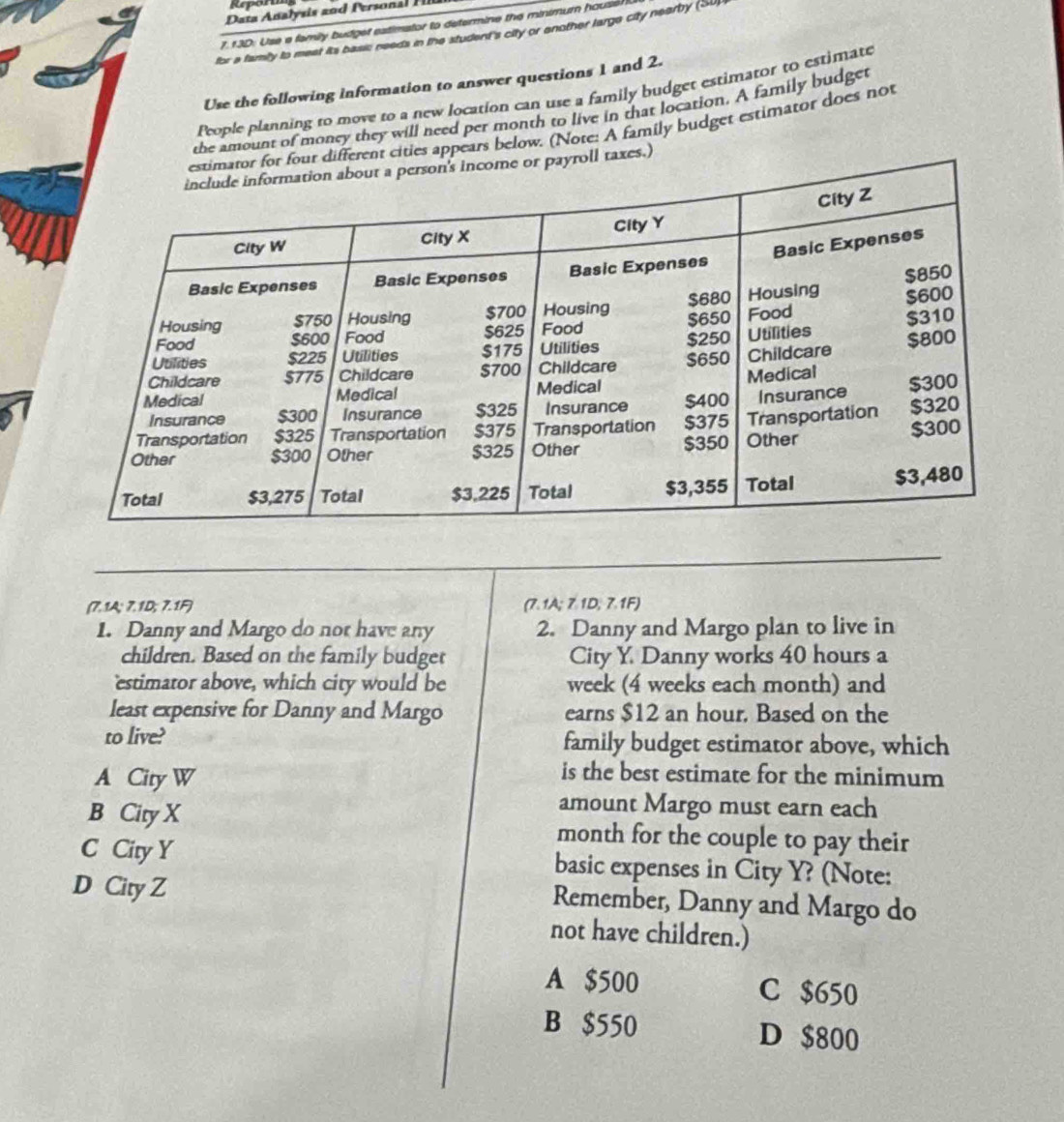 Repond
ata Analysis and Personal H
7. 13D: Use a family budget eatimator to determine the minimum houser 
for a family to meet its basic needs in the student's city or enother large city nearby (SU)
Use the following information to answer questions 1 and 2.
People planning to move to a new location can use a family budget estimator to estimate
the amount of money they will need per month to live in that location. A family budget
r four different cities appears below. (Note: A family budget estimator does not
yroll taxes.)
(7.1A; 7. 1D; 7. 1F) (7.1A; 7.1D, 7.1F)
1. Danny and Margo do not have any 2. Danny and Margo plan to live in
children. Based on the family budget City Y. Danny works 40 hours a
estimator above, which city would be week (4 weeks each month) and
least expensive for Danny and Margo earns $12 an hour. Based on the
to live? family budget estimator above, which
A City W
is the best estimate for the minimum
amount Margo must earn each
B City X month for the couple to pay their
C City Y basic expenses in City Y? (Note:
D City Z
Remember, Danny and Margo do
not have children.)
A $500 C $650
B $550 D $800