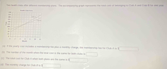 Two health clubs offer different membership plans. The accompanying graph represents the total cost of belonging to Club A and Club B for one yea 
(a) If the yearly cost includes a membership fee plus a monthly charge, the membership fee for Club A is $ □
(b) The number of the month when the total cost is the same for both clubs is □
(c) The total cost for Club A when both plans are the same is S □
(d) The monthly charge for Club B is $ □