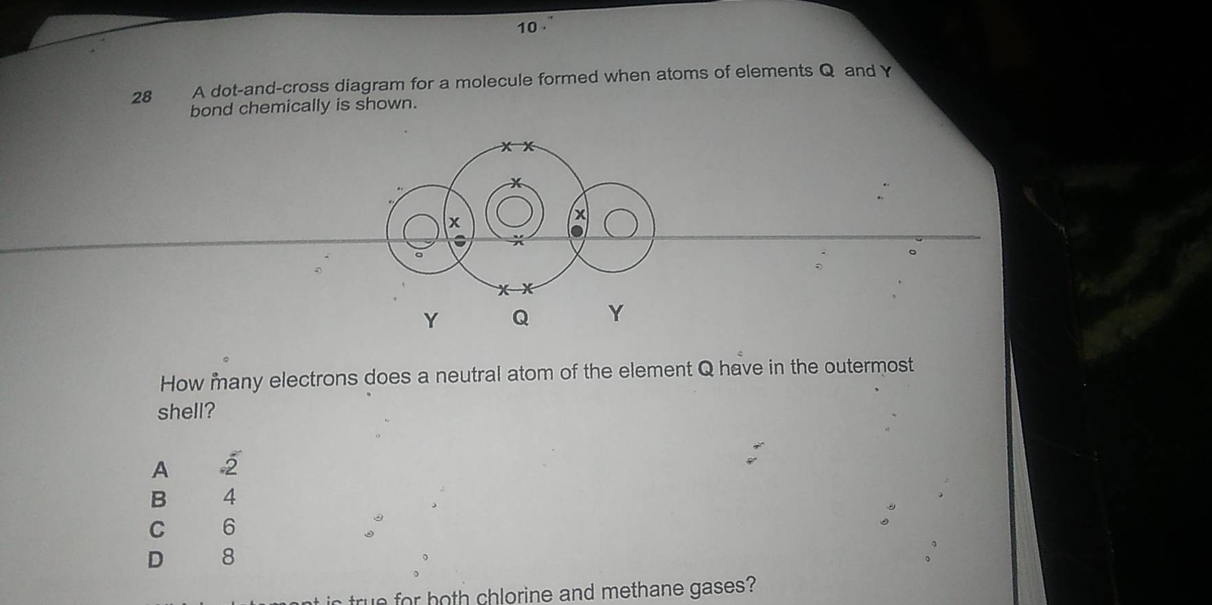 10 
28 A dot-and-cross diagram for a molecule formed when atoms of elements Q and Y
bond chemically is shown.
How many electrons does a neutral atom of the element Q have in the outermost
shell?
A 2
B 4
C 6
D ₹8
tre or hoth chlorine and methane gases?