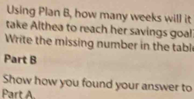 Using Plan B, how many weeks will it 
take Althea to reach her savings goal 
Write the missing number in the table 
Part B 
Show how you found your answer to 
Part A.