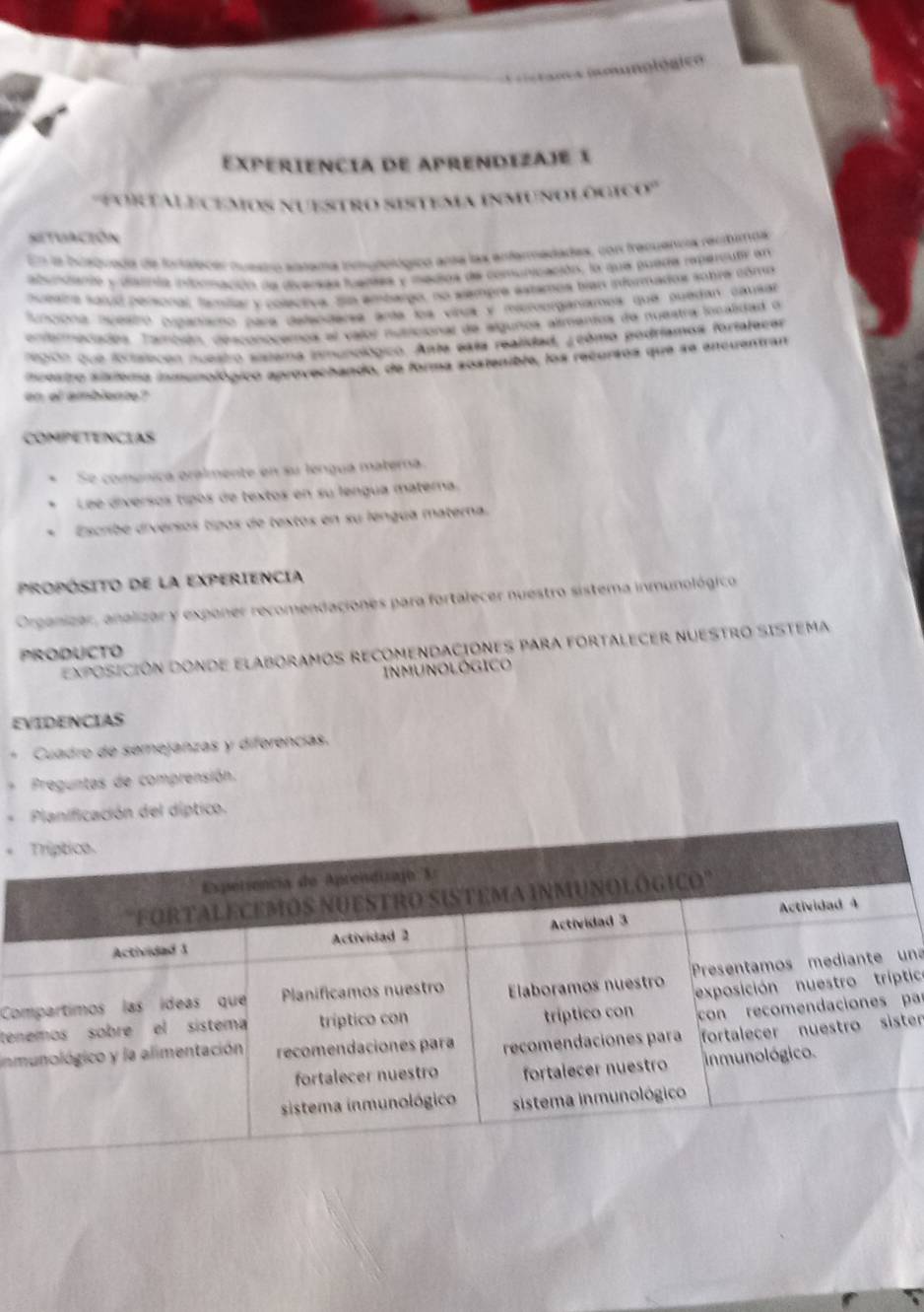 Experiencia de aprendizaje 1 
''ortalecemos nuestro sistema inmunológico'' 
situación 
En la huaquadó de fortalecór nuestn aszama imutológico anta las enfarmadadas, con trecuencia rectimos 
dundantó y distnió idonacióó da diversas fuares y medios de comunicación, la que pueda rxperculó en 
hueene sarl personal famillar y colectva. Sn embargo, no slempre estamos bian iformados sobre como 
funciona npéstró oupaniao para defenderse arta los vinua y miroorganiames que puedan causar 
enfermadadea. Tambuin, desconopemos el valor nutricional de algunoa almentos de nuestra localidad o 
risico que firtsltican nuestro satema inmunológico. Ante esla realidad, ¿ como podriamos fortelecer 
inceairo sistema inmunológico aprovechando, de forma sostenible, los recursos que se encuentran 
on of ambiente? 
COMPETENCIAS 
Se coménica oralmente en su lengua materna 
Lee diversos tipos de textos en su lengua materna. 
、 Escribé diversos tipos de textos en su lengua materna. 
PrOPÓSITo de la EXPERIENCia 
Orpanizar, analizar y exponer recomendaciones para fortalecer nuestro sistema inmunológico 
Exposición DONDE ElaBOrAMOS RECOMENDACiONES PAra fORTALECER NUESTRO SIsTeMa 
PRODUCTO 
INMUNOLÓGICO 
EVIDENCIAS 
Cuadro de semejanzas y diferencias. 
Preguntas de comprensión. 
anificación del díptico. 
* 
tic 
Cna 
ten 
ten 
inpar