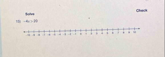 Solve Check 
15) -4x>20