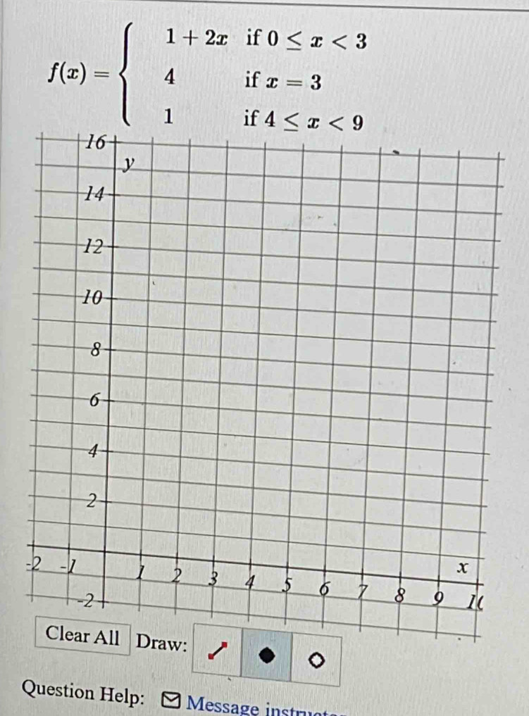 f(x)=beginarrayl 1+2xif0≤ x<3 4ifx=3 1if4≤ x<9endarray.
- 
: 
Question Help: Message instru