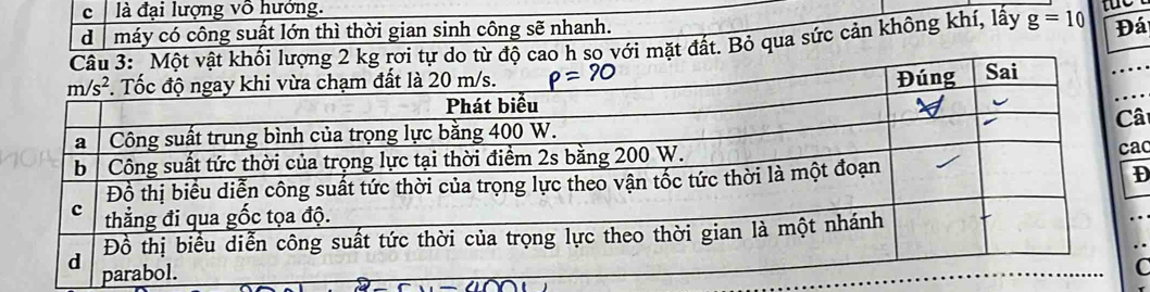 c  là đại lượng vô hướng.
d ì máy có công suất lớn thì thời gian sinh công sẽ nhanh.
t đất. Bỏ qua sức cản không khí, lấy g=10 Đá
â
a
D