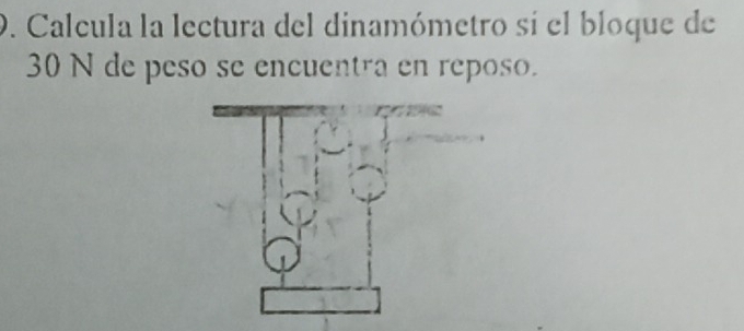 Calcula la lectura del dinamómetro si el bloque de
30 N de peso se encuentra en reposo.