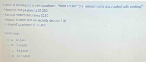 Crystal is looking for a new apartment. What are her total annual costs associated with renting?
· Monthly rent payments $1,200
Annual renter's insurance $250
Annual interest lost on security deposit $10
·Value of apartment $150,000
Select one:
a. $14,400
b $14,650
c. $14,660
d. $151,460