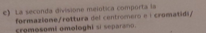 La seconda divisione meiotica comporta la 
formazione/rottura del centromero e í cromatidi/ 
cromosomi omologhi si separano.