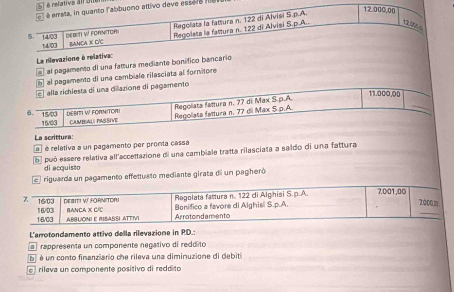 a all ollen 
sere me 
La rilevazione è 
al pagamento di una fattura mediante bonífico bancario 
b al pagamento di una cambiale rilasciata al fornitore 
c alla richiesta di una dilazíone di pagamento
11.000,00
_ 
6. 15/03 DEBITI V/ FORNITORI Regolata fattura n. 77 di Max S.p.A.
15/03 CAMBIALI PASSIVE Regolata fattura n. 77 di Max S.p.A. 
La scrittura: 
à è relativa a un pagamento per pronta cassa 
b può essere relativa all’accettazione di una cambiale tratta rilasciata a saldo di una fattura 
di acquisto 
criguarda un pagamento effettuato mediante girata di un pagherò
7. 16/03 DEBITI V/ FORNITORI Regolata fattura n. 122 di Alghisi S.p.A.
7001,00
_
16/03 BANCA X C/C Bonifico a favore di Alghisi S.p.A.
7.000
16/03 ABBUONI E RIBASSI ATTIVI Arrotondamento 
L’arrotondamento attivo della rilevazione in PD.: 
rappresenta un componente negativo di reddito 
à è un conto finanziario che rileva una diminuzione di debiti 
rileva un componente positivo di reddito